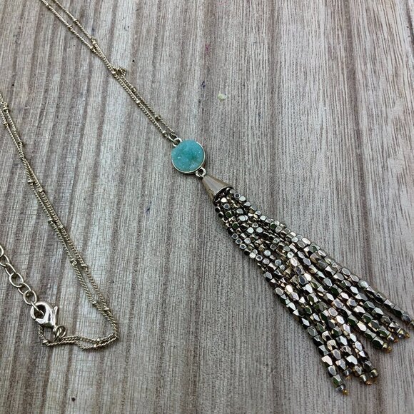 BaubleBar Sugarfix  Turquoise Druzy Stone Gold Tone Tassel Chain Necklace - Picture 1 of 8